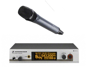 Photo of a Sennheiser wireless mic and a corresponding Sennheiser wireless receiver. White Background
